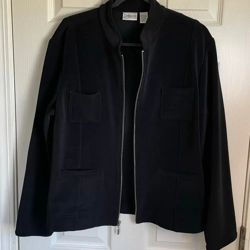 Chico’s Full Zip Black Jacket Sz L Stretch Knit Minimalist Normcore Staple